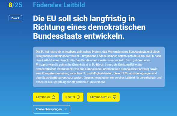 Screenshot der Online-Wahlhilfe Euromat zur EU-Entwicklung als demokratischer Bundesstaat, der das langfristige Ziel und die politischen Prinzipien zur Stärkung demokratischer Institutionen diskutiert.