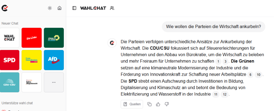 Screenshot einer Wahl-Chat-Anwendung, in der politische Parteien ihre Positionen zur Ankurbelung der Wirtschaft darstellen. Es zeigt eine Diskussion zu Steuererleichterungen, Bürokratieabbau und Innovationen zur Schaffung neuer Arbeitsplätze.